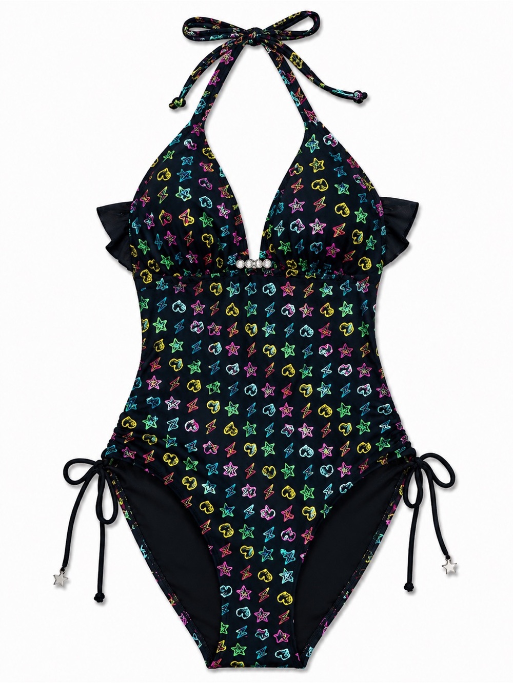 Shi by JOURNEYS Black One-Piece Swim with Neon Star & Heart Print